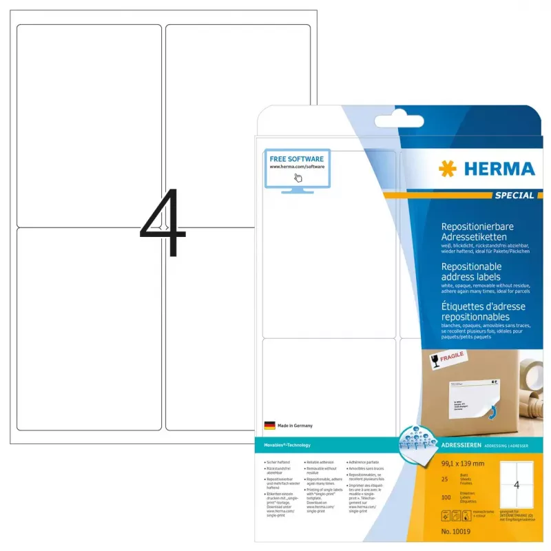 HERMA ümberpaigutatavad aadressisildid, 100 tk, A4, 99,1 x 139 mm
