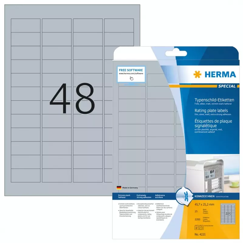 Andmesildi sildid HERMA 4221 A4 45,7x21,2 mm hõbedane