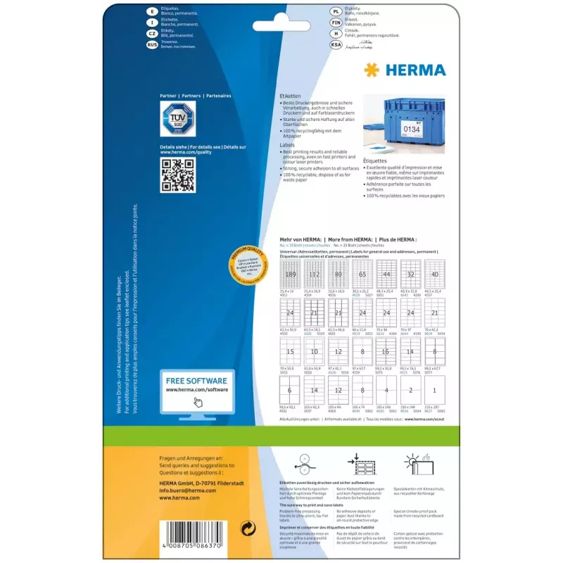 Isekleepuv printerisilt HERMA Labels Premium A4 210x297 mm valge paber matt 10 tk