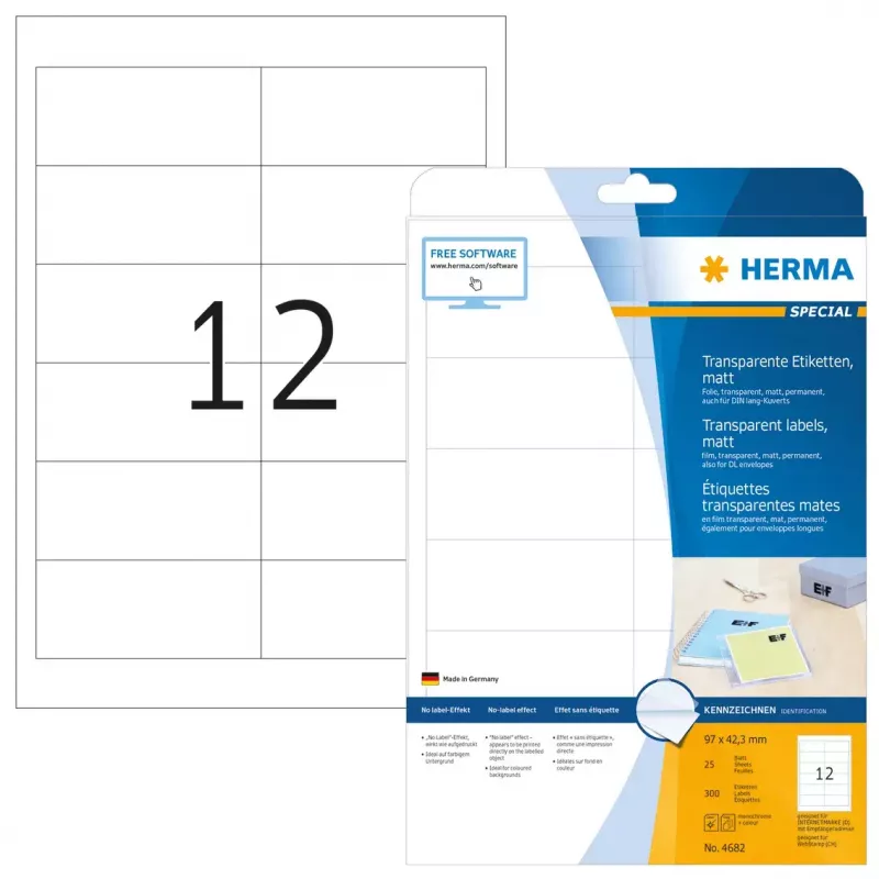 Isekleepuv printerisilt HERMA läbipaistev matt A4 97x42.3 mm kile 300 tk
