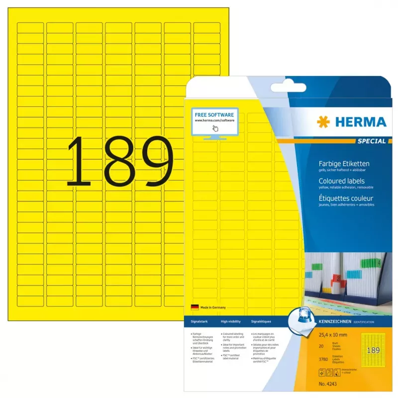 Isekleepuv printerisilt HERMA Coloured Labels A4 25,4x10 mm kollane