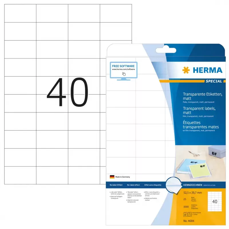 Isekleepuv printerisilt HERMA Labels läbipaistev matt A4 52,5x29,7 mm kile 1000 tk