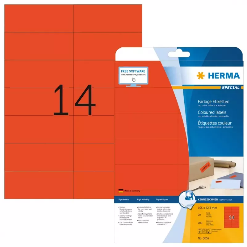 Isekleepuv printerisilt HERMA värvilised sildid A4 105x42,3 mm punane