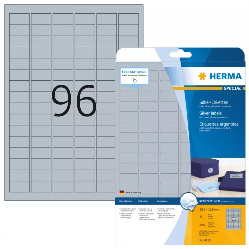 Isekleepuv printerisilt HERMA Labels A4 30,5x16,9 mm hõbedane kile läikiv 2400 tk