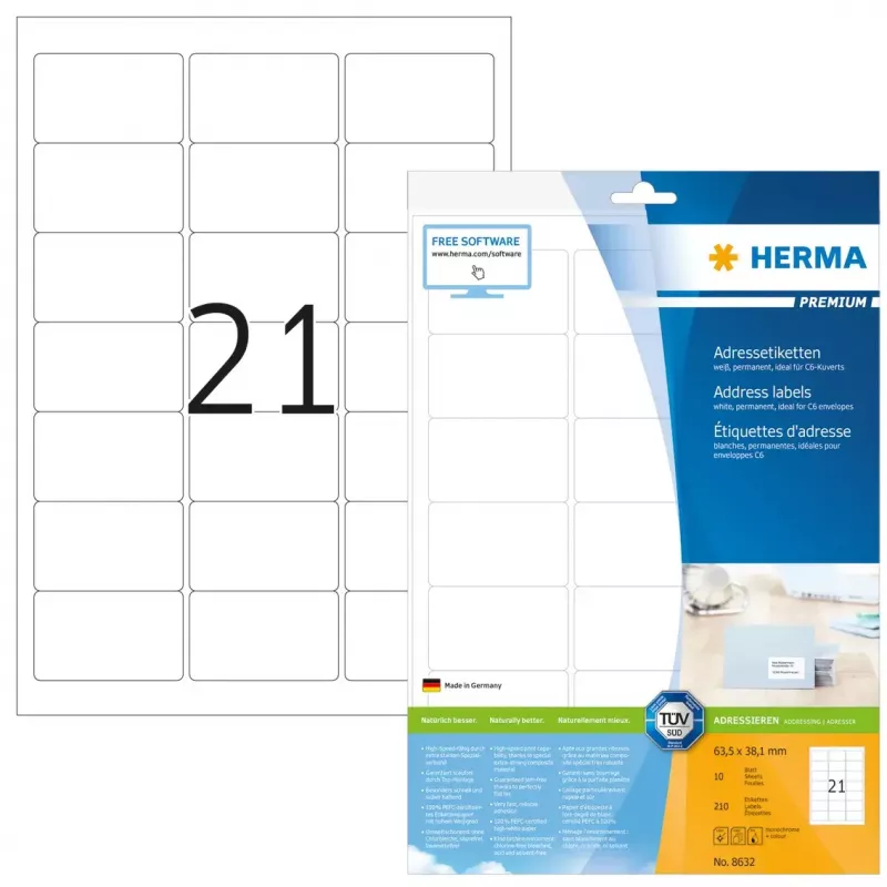 Aadressisildid Premium HERMA A4 63,5x38,1 mm 210 tk
