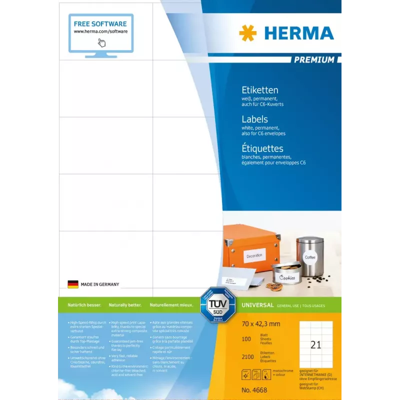Isekleepuv printerisilt HERMA Labels Premium A4 70x42,3 mm