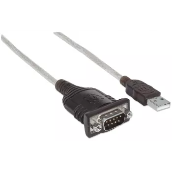 Manhattan USB-A Serial-liidese muundurkaabel, 45 cm, Isane-Isane, Serial/RS232/COM/DB9, FTDI FT232RL kiip, Windows 11-ga ühilduv (ka varasemad opsüsteemid), Must/Hõbedane kaabel, Kolmeaastane garantii, Ekvivalent ICUSB2321F.