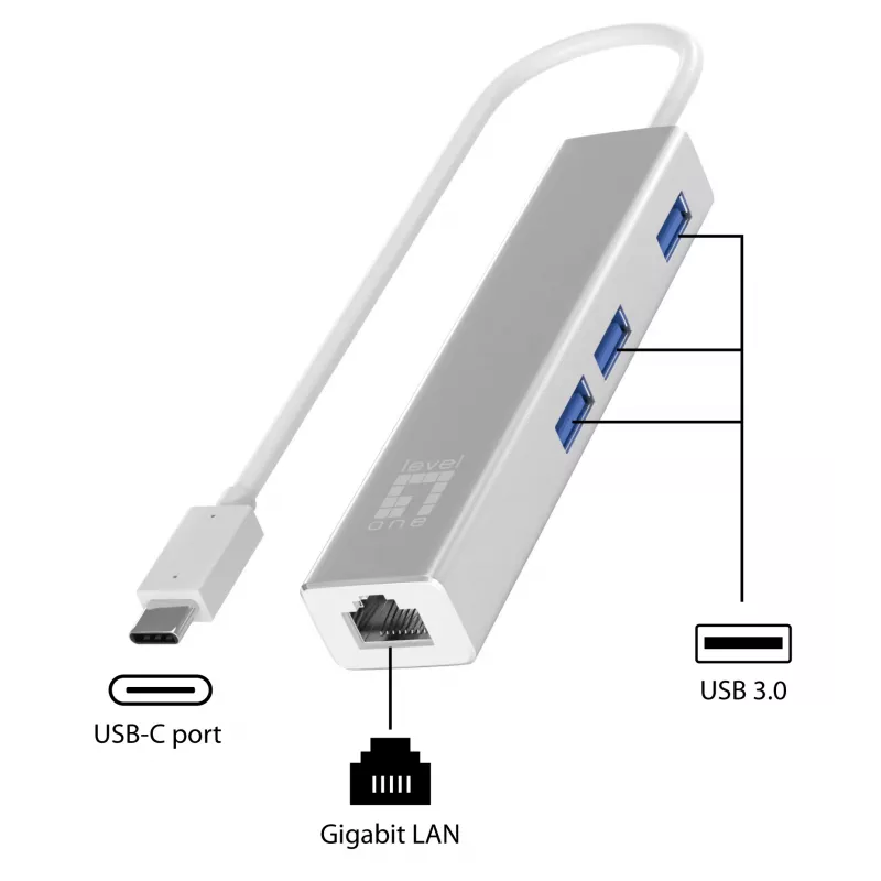 LevelOne Gigabit USB-C võrguadapter koos USB-jaoturiga, juhtmega, USB USB-C, Ethernet, 1000 Mbit/s, hõbedane