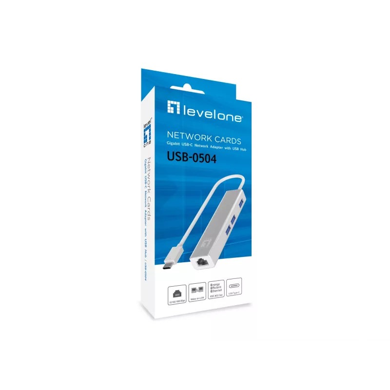 LevelOne Gigabit USB-C võrguadapter koos USB-jaoturiga, juhtmega, USB USB-C, Ethernet, 1000 Mbit/s, hõbedane