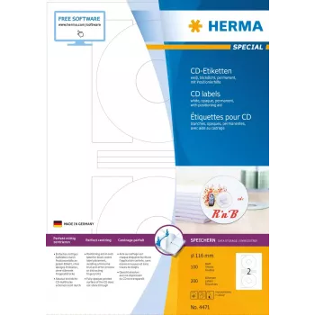 CD sildid HERMA A4 Ø 116 mm valge paber matt läbipaistmatu 200 tk