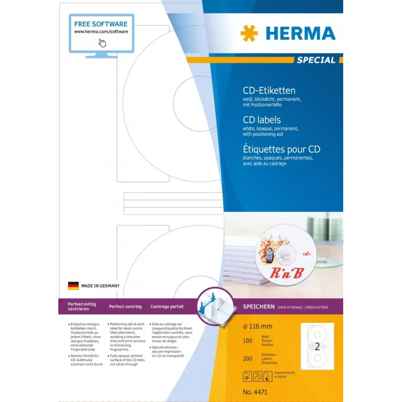 CD sildid HERMA A4 Ø 116 mm valge paber matt läbipaistmatu 200 tk