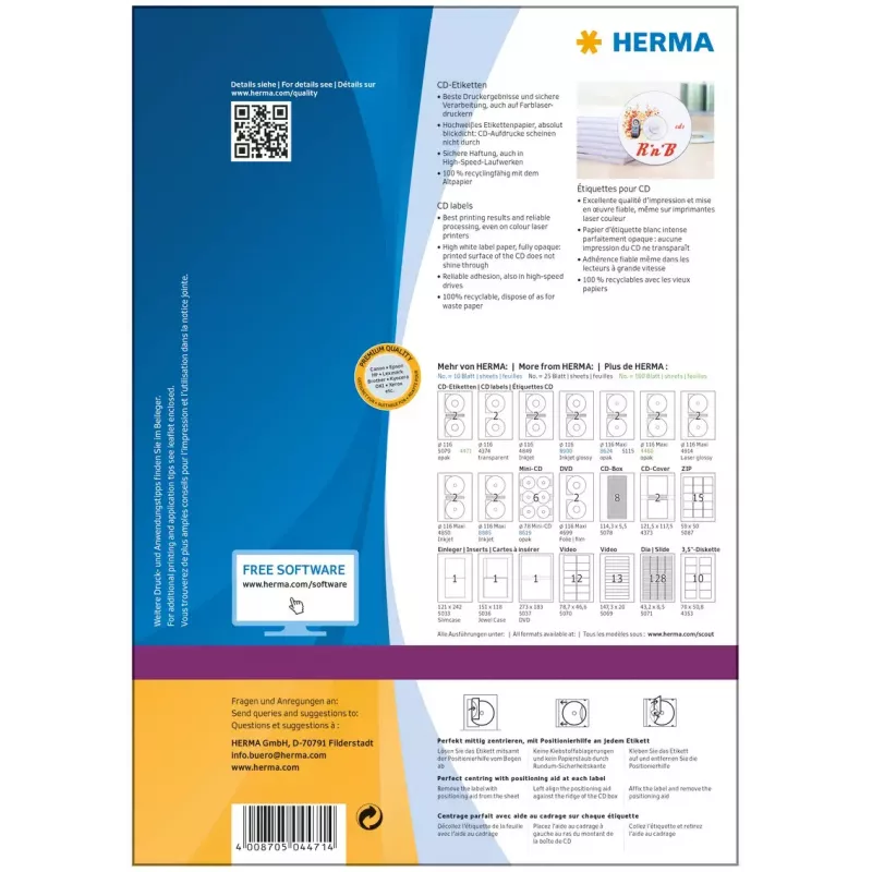 CD sildid HERMA A4 Ø 116 mm valge paber matt läbipaistmatu 200 tk