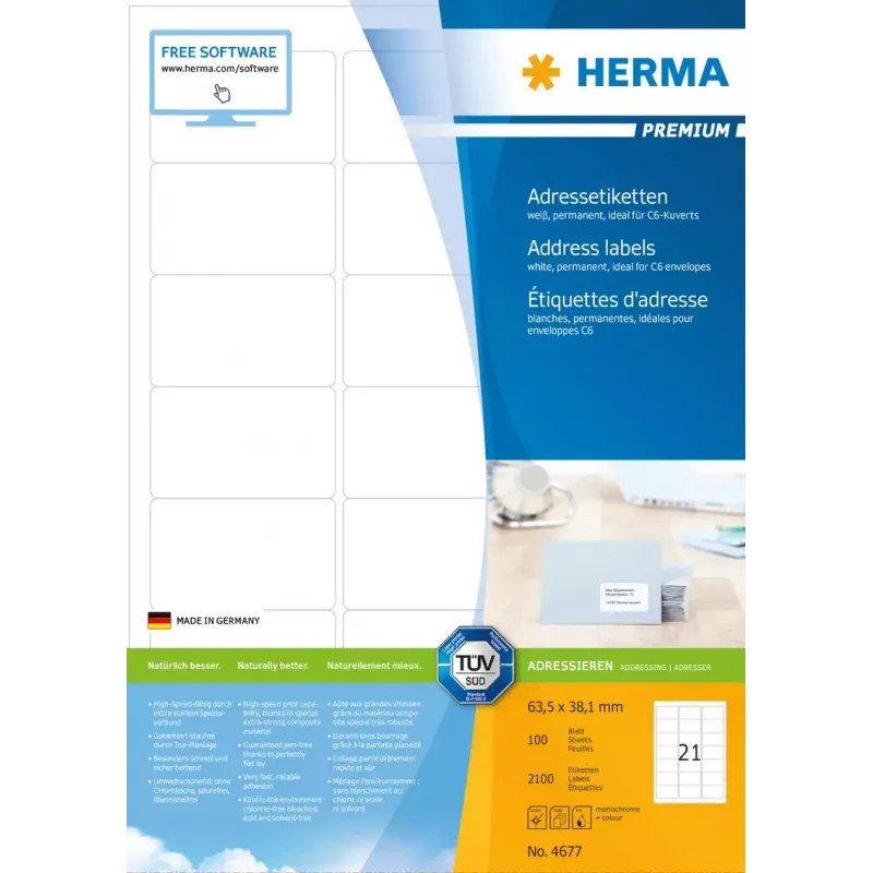 Aadressisildid HERMA Premium A4 63,5x38,1 mm 2100 tk