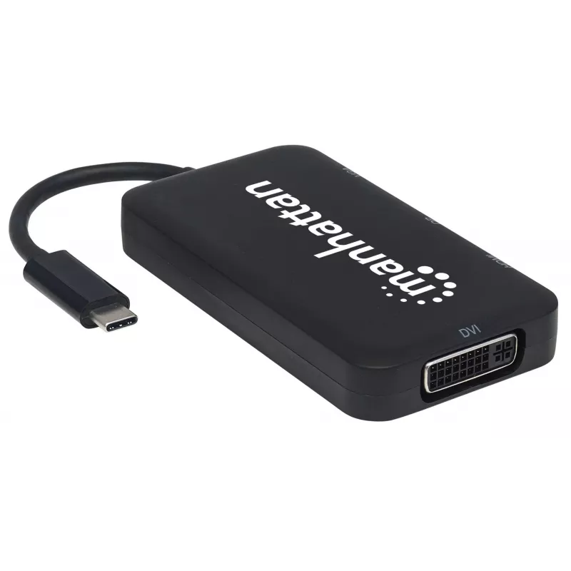 Manhattan USB-C dokk/jaotur, Pordid (x4): DisplayPort, DVI-I, HDMI või VGA, Märkus: Korraga saab kasutada ainult ühte porti, Välist toiteallikat pole vaja, Universaalne kõikidele seadmetele, Kaabel 8 cm, Must, Kolmeaastane garantii