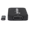 Manhattan USB-C dokk/jaotur, Pordid (x4): DisplayPort, DVI-I, HDMI või VGA, Märkus: Korraga saab kasutada ainult ühte porti, Välist toiteallikat pole vaja, Universaalne kõikidele seadmetele, Kaabel 8 cm, Must, Kolmeaastane garantii