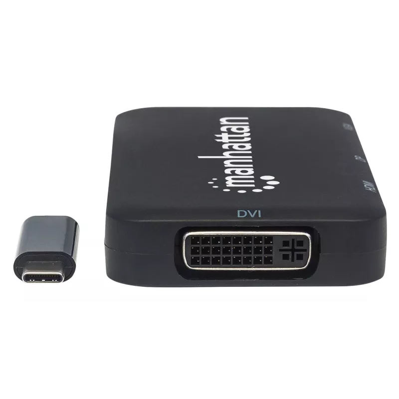 Manhattan USB-C dokk/jaotur, Pordid (x4): DisplayPort, DVI-I, HDMI või VGA, Märkus: Korraga saab kasutada ainult ühte porti, Välist toiteallikat pole vaja, Universaalne kõikidele seadmetele, Kaabel 8 cm, Must, Kolmeaastane garantii