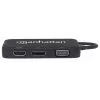 Manhattan USB-C dokk/jaotur, Pordid (x4): DisplayPort, DVI-I, HDMI või VGA, Märkus: Korraga saab kasutada ainult ühte porti, Välist toiteallikat pole vaja, Universaalne kõikidele seadmetele, Kaabel 8 cm, Must, Kolmeaastane garantii