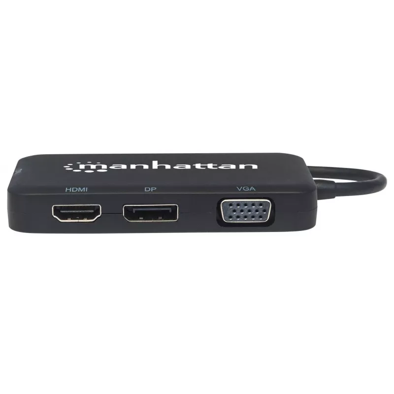 Manhattan USB-C dokk/jaotur, Pordid (x4): DisplayPort, DVI-I, HDMI või VGA, Märkus: Korraga saab kasutada ainult ühte porti, Välist toiteallikat pole vaja, Universaalne kõikidele seadmetele, Kaabel 8 cm, Must, Kolmeaastane garantii