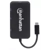 Manhattan USB-C dokk/jaotur, Pordid (x4): DisplayPort, DVI-I, HDMI või VGA, Märkus: Korraga saab kasutada ainult ühte porti, Välist toiteallikat pole vaja, Universaalne kõikidele seadmetele, Kaabel 8 cm, Must, Kolmeaastane garantii