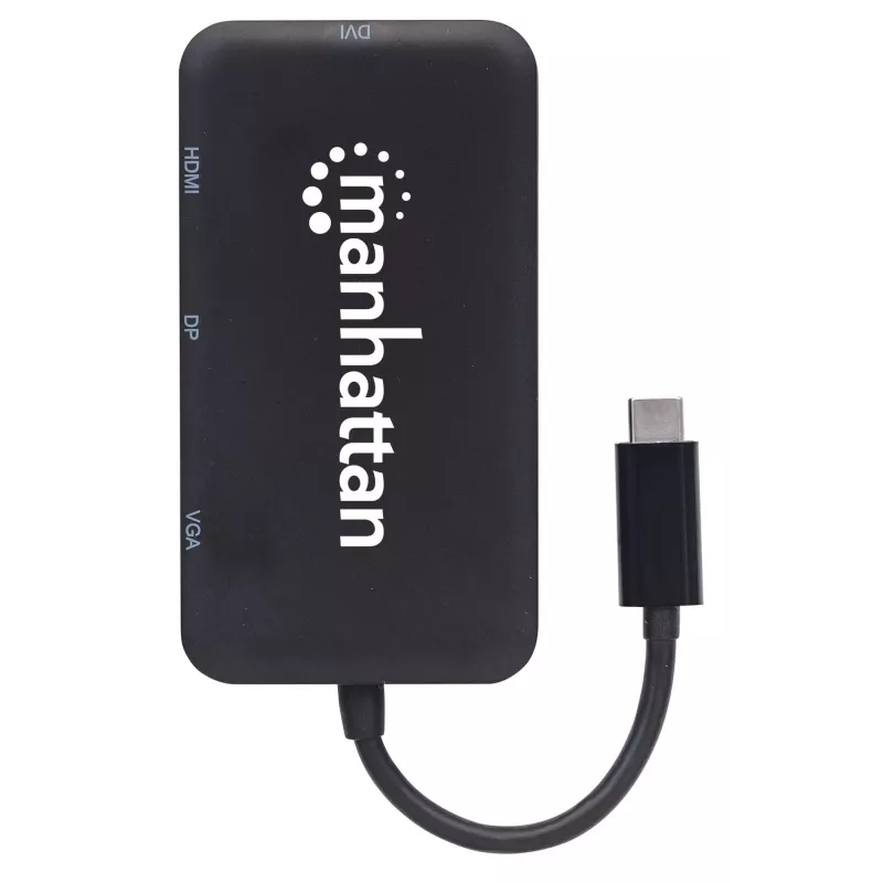 Manhattan USB-C dokk/jaotur, Pordid (x4): DisplayPort, DVI-I, HDMI või VGA, Märkus: Korraga saab kasutada ainult ühte porti, Välist toiteallikat pole vaja, Universaalne kõikidele seadmetele, Kaabel 8 cm, Must, Kolmeaastane garantii