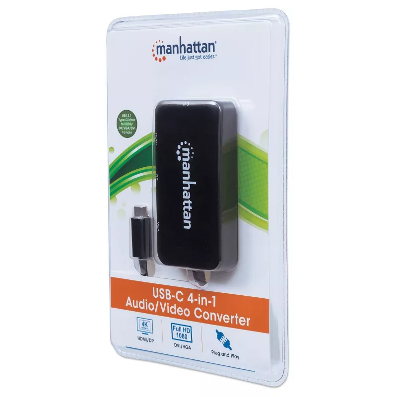 Manhattan USB-C dokk/jaotur, Pordid (x4): DisplayPort, DVI-I, HDMI või VGA, Märkus: Korraga saab kasutada ainult ühte porti, Välist toiteallikat pole vaja, Universaalne kõikidele seadmetele, Kaabel 8 cm, Must, Kolmeaastane garantii