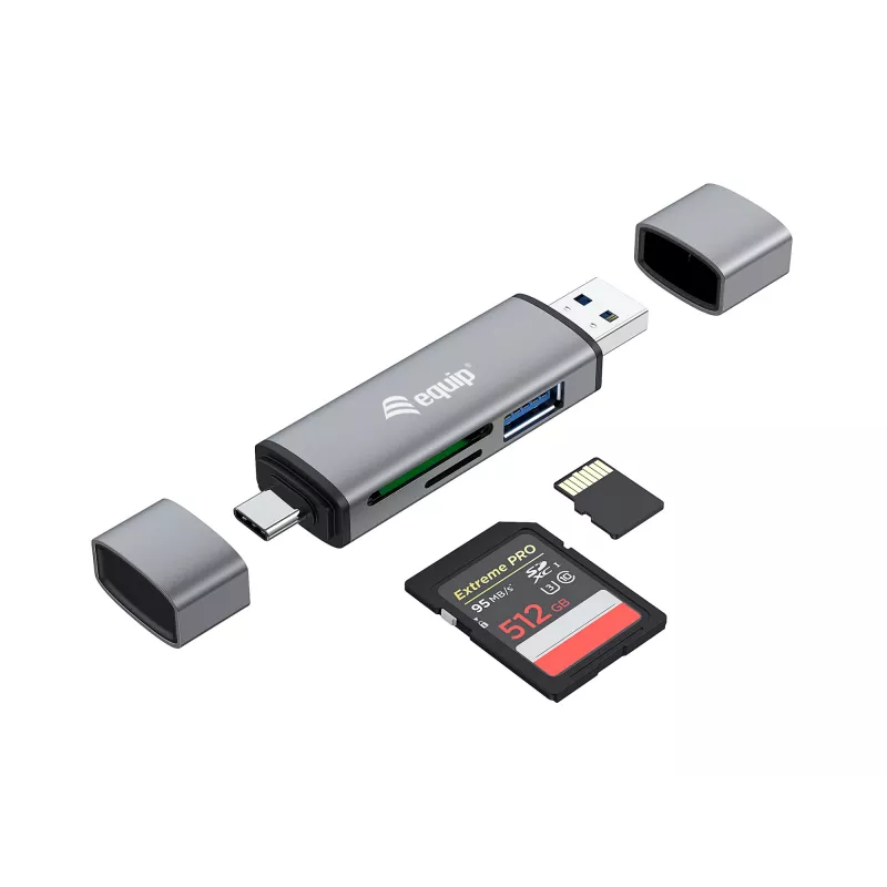 Equip kaardilugeja koos USB 3.0 jaoturi, OTG, MicroSD (TransFlash), MicroSDHC, SD, SDHC, hall, CE ja RoHS, USB 3.2 Gen 1 (3.1 Gen 1) Type-A/USB-C, 202 mm, 12 mm