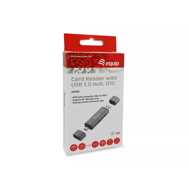 Equip kaardilugeja koos USB 3.0 jaoturi, OTG, MicroSD (TransFlash), MicroSDHC, SD, SDHC, hall, CE ja RoHS, USB 3.2 Gen 1 (3.1 Gen 1) Type-A/USB-C, 202 mm, 12 mm
