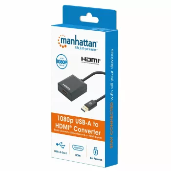 Manhattan USB-A–HDMI-kaabel, 1080p@60Hz, teisendab USB 3.2 Gen1 (ehk USB 3.0) signaali HDMI-ks, 15 cm, must, isane–emane, kolmeaastane garantii