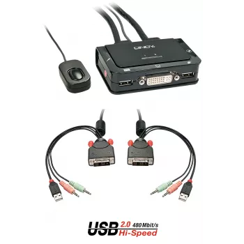 Lindy 2-pordiline DVI-D Single Link, USB 2.0 ja heli KVM-lüliti Compact