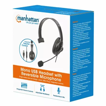 Manhattan Mono Over-Ear peakomplekt (USB), pööratav mikrofonivars (polsterdatud), jaemüügikarbis pakend, juhtme peal helitugevuse/vaigistuse juhtimine, polsterdatud kõrvapadi, USB-A nii heli kui mikrofoni kasutamiseks, kaabel 2 m, kolmeaastane garantii