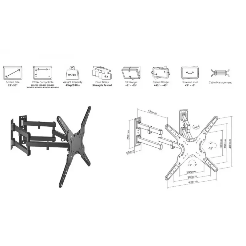 Equip 650328 23–55-tolline täisliigutusega nurgaseinale kinnitatav telerikinnitusklamber