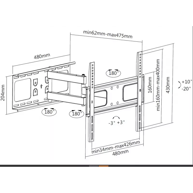 Equip 32 inch-55 inch liigendiga teleri seinakinnitusklamber, 200 x 200 mm, 400 x 400 mm, -20 - 10°, -90 - 90°, teras, must
