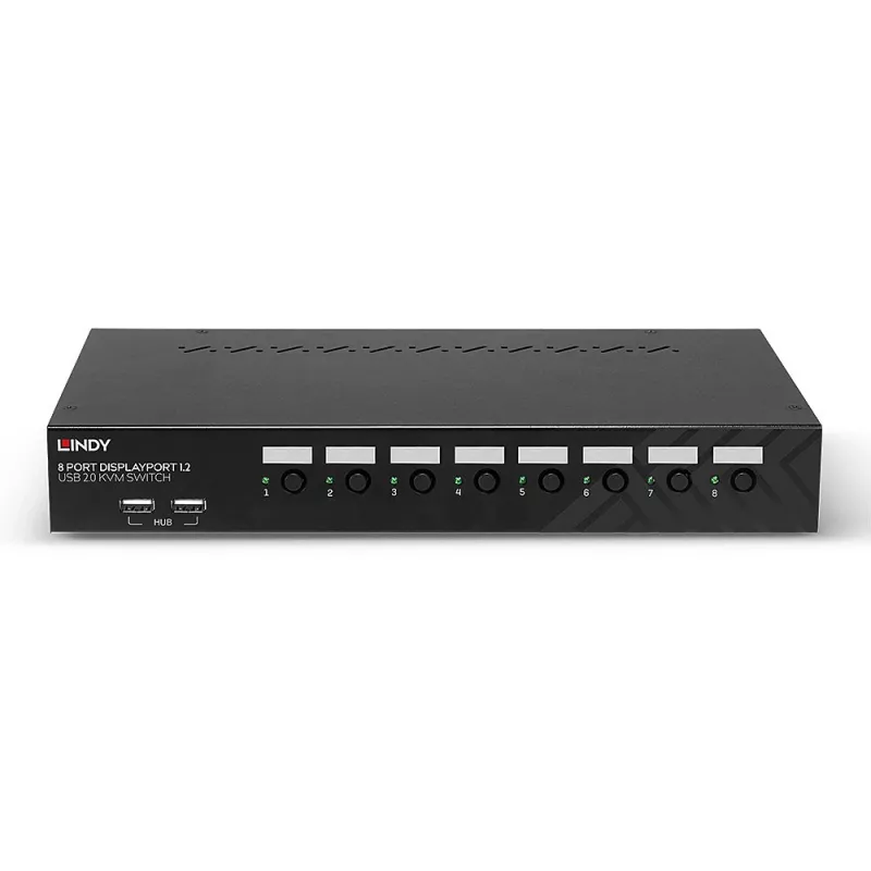 Lindy 8-pordiline DisplayPort 1.2, USB 2.0 ja heli KVM-lüliti, 3840 x 2160 pikslit, 4K Ultra HD, riiulipaigaldus, 1U, must