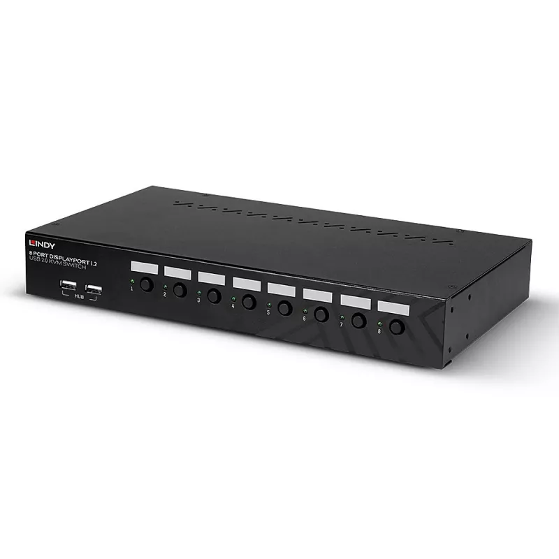 Lindy 8-pordiline DisplayPort 1.2, USB 2.0 ja heli KVM-lüliti, 3840 x 2160 pikslit, 4K Ultra HD, riiulipaigaldus, 1U, must