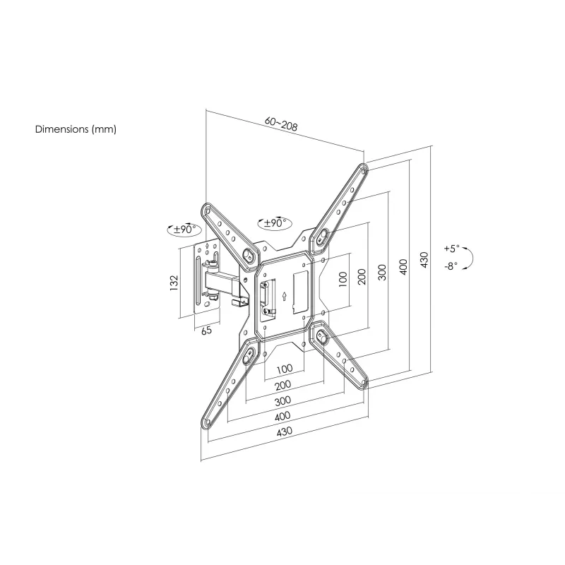 Equip 23 tolli kuni 55 tolli täisliigutusega teleri seinakinnitusklamber, 100 x 100 mm, 400 x 400 mm, -8 - 5°, -90 - 90°, roostevaba teras, must