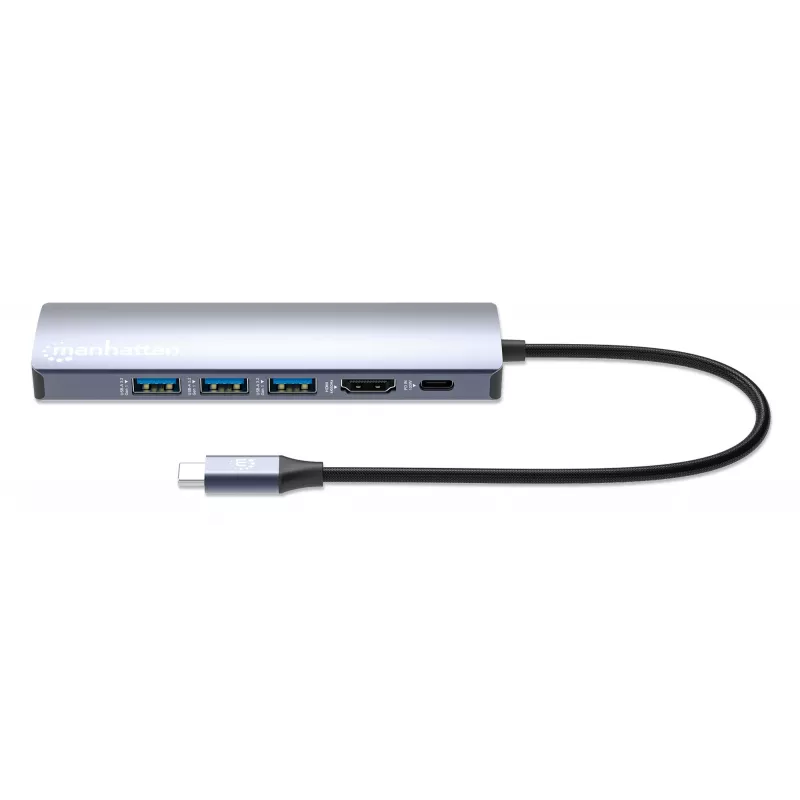 Manhattan USB-C dokk/jaotur, pordid (x6): Ethernet, HDMI, USB-A (x3) ja USB-C, toiteedastusega (PD) 100 W – vajab välist USB-C laadijat (ei kuulu komplekti). USB-toitega (välist toiteallikat pole vaja), kui PD ei kasutata