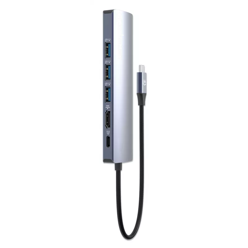 Manhattan USB-C dokk/jaotur, pordid (x6): Ethernet, HDMI, USB-A (x3) ja USB-C, toiteedastusega (PD) 100 W – vajab välist USB-C laadijat (ei kuulu komplekti). USB-toitega (välist toiteallikat pole vaja), kui PD ei kasutata