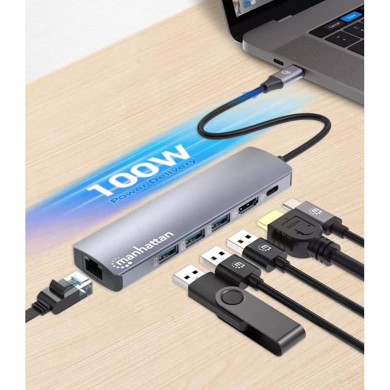 Manhattan USB-C dokk/jaotur, pordid (x6): Ethernet, HDMI, USB-A (x3) ja USB-C, toiteedastusega (PD) 100 W – vajab välist USB-C laadijat (ei kuulu komplekti). USB-toitega (välist toiteallikat pole vaja), kui PD ei kasutata