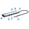 Manhattan USB-C dokk/jaotur, pordid (x6): Ethernet, HDMI, USB-A (x3) ja USB-C, toiteedastusega (PD) 100 W – vajab välist USB-C laadijat (ei kuulu komplekti). USB-toitega (välist toiteallikat pole vaja), kui PD ei kasutata
