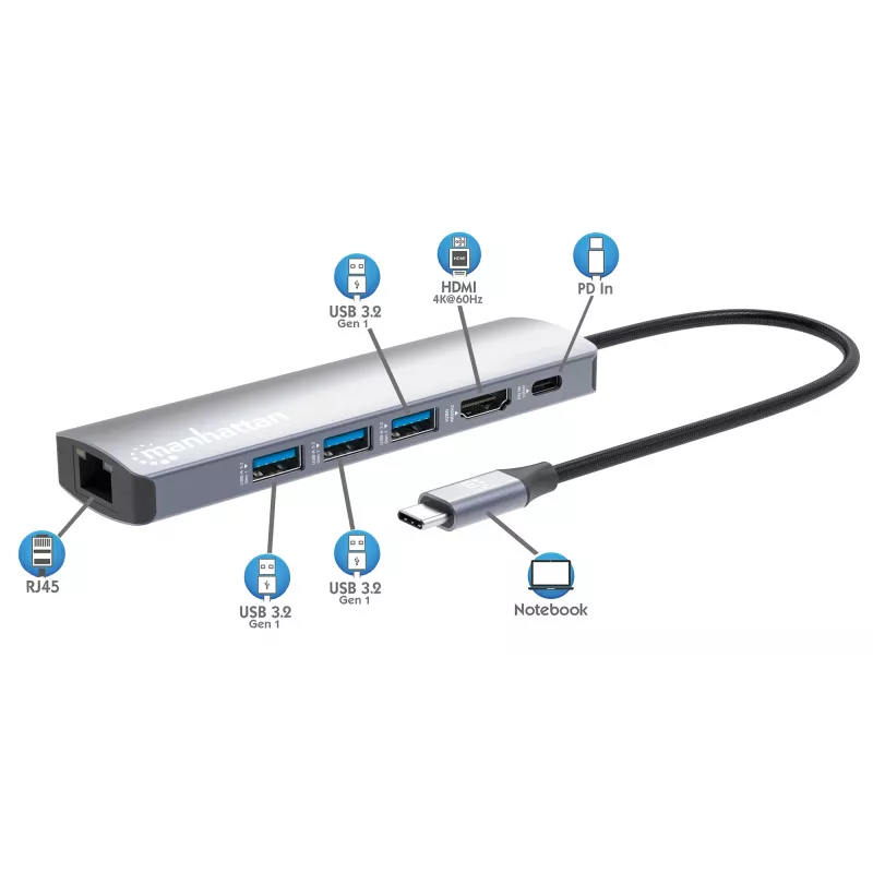 Manhattan USB-C dokk/jaotur, pordid (x6): Ethernet, HDMI, USB-A (x3) ja USB-C, toiteedastusega (PD) 100 W – vajab välist USB-C laadijat (ei kuulu komplekti). USB-toitega (välist toiteallikat pole vaja), kui PD ei kasutata