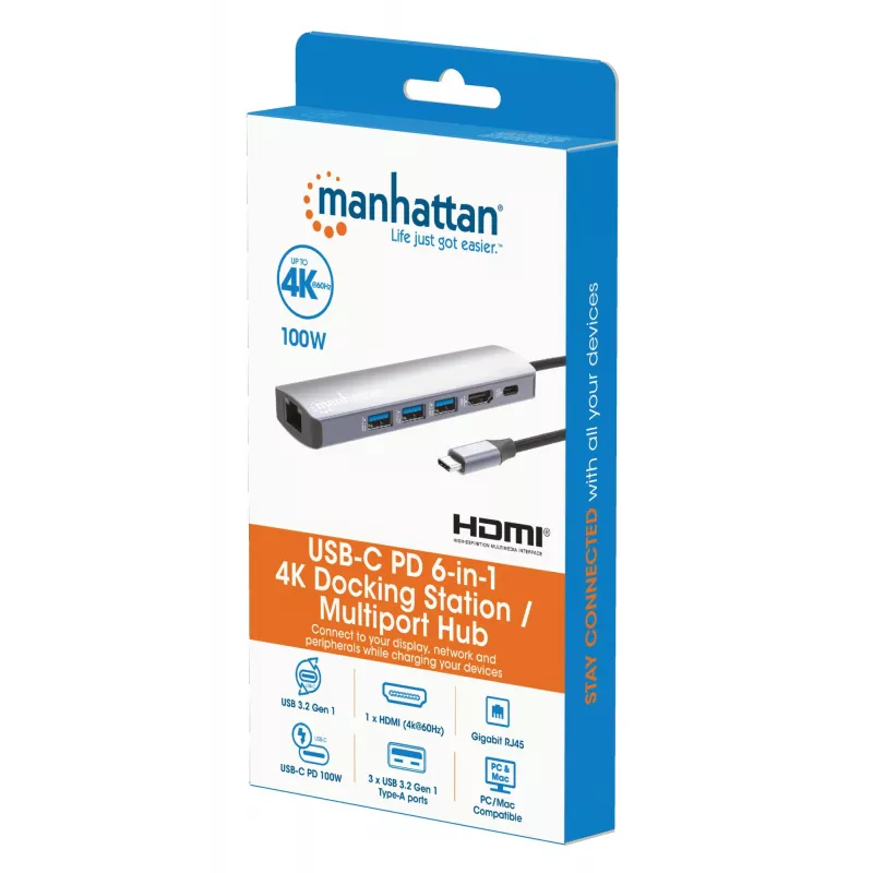 Manhattan USB-C dokk/jaotur, pordid (x6): Ethernet, HDMI, USB-A (x3) ja USB-C, toiteedastusega (PD) 100 W – vajab välist USB-C laadijat (ei kuulu komplekti). USB-toitega (välist toiteallikat pole vaja), kui PD ei kasutata