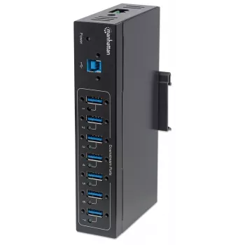 Manhattan USB-A 7-pordiline tööstuslik jaotur, 7x USB-A porti, 5 Gbps (USB 3.2 Gen1 ehk USB 3.0), 20 kV ESD kaitse, vahelduvvool, siini ja klemmiploki toitevalikud, DIN-liist, seinale kinnitatav, metallkorpus, kruviluku turvalisus