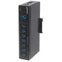 Manhattan USB-A 7-pordiline tööstuslik jaotur, 7x USB-A porti, 5 Gbps (USB 3.2 Gen1 ehk USB 3.0), 20 kV ESD kaitse, vahelduvvool, siini ja klemmiploki toitevalikud, DIN-liist, seinale kinnitatav, metallkorpus, kruviluku turvalisus