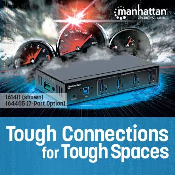 Manhattan USB-A 7-pordiline tööstuslik jaotur, 7x USB-A porti, 5 Gbps (USB 3.2 Gen1 ehk USB 3.0), 20 kV ESD kaitse, vahelduvvool, siini ja klemmiploki toitevalikud, DIN-liist, seinale kinnitatav, metallkorpus, kruviluku turvalisus