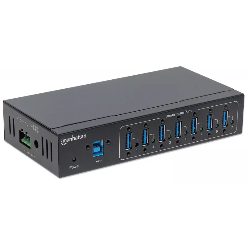 Manhattan USB-A 7-pordiline tööstuslik jaotur, 7x USB-A porti, 5 Gbps (USB 3.2 Gen1 ehk USB 3.0), 20 kV ESD kaitse, vahelduvvool, siini ja klemmiploki toitevalikud, DIN-liist, seinale kinnitatav, metallkorpus, kruviluku turvalisus
