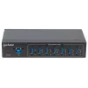 Manhattan USB-A 7-pordiline tööstuslik jaotur, 7x USB-A porti, 5 Gbps (USB 3.2 Gen1 ehk USB 3.0), 20 kV ESD kaitse, vahelduvvool, siini ja klemmiploki toitevalikud, DIN-liist, seinale kinnitatav, metallkorpus, kruviluku turvalisus