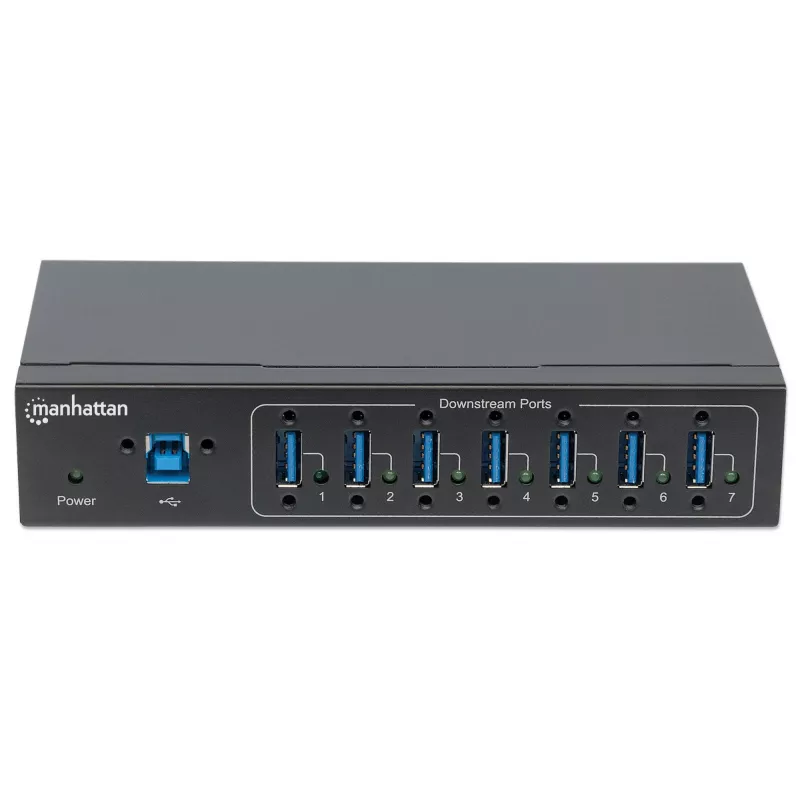 Manhattan USB-A 7-pordiline tööstuslik jaotur, 7x USB-A porti, 5 Gbps (USB 3.2 Gen1 ehk USB 3.0), 20 kV ESD kaitse, vahelduvvool, siini ja klemmiploki toitevalikud, DIN-liist, seinale kinnitatav, metallkorpus, kruviluku turvalisus