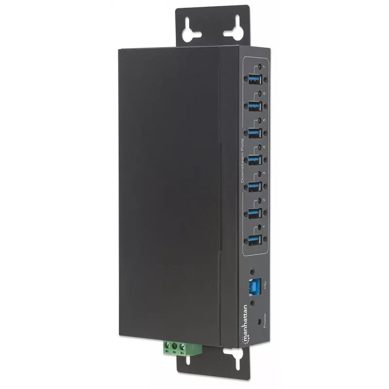Manhattan USB-A 7-pordiline tööstuslik jaotur, 7x USB-A porti, 5 Gbps (USB 3.2 Gen1 ehk USB 3.0), 20 kV ESD kaitse, vahelduvvool, siini ja klemmiploki toitevalikud, DIN-liist, seinale kinnitatav, metallkorpus, kruviluku turvalisus
