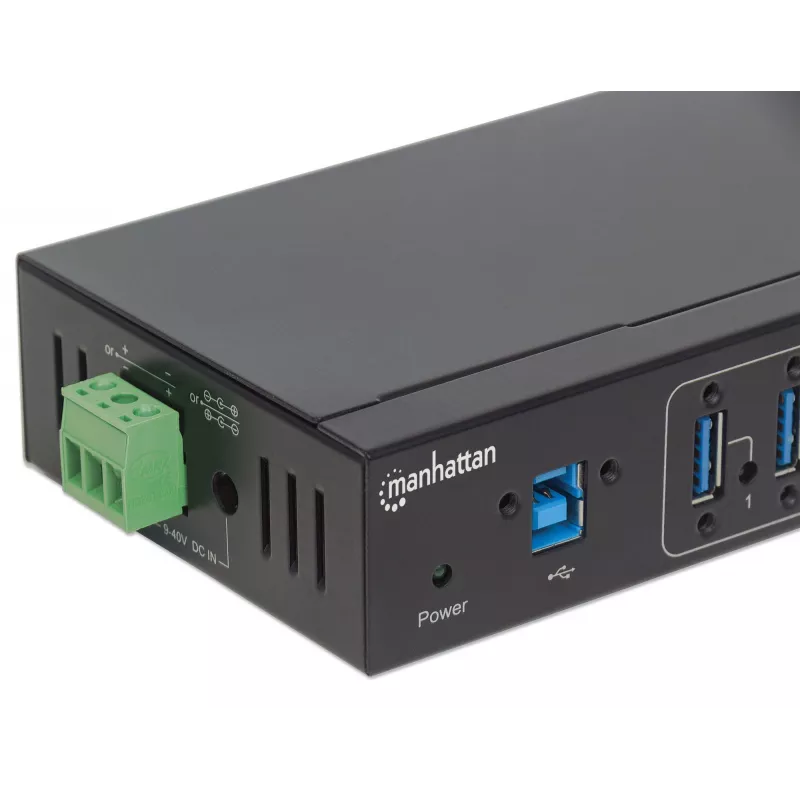 Manhattan USB-A 7-pordiline tööstuslik jaotur, 7x USB-A porti, 5 Gbps (USB 3.2 Gen1 ehk USB 3.0), 20 kV ESD kaitse, vahelduvvool, siini ja klemmiploki toitevalikud, DIN-liist, seinale kinnitatav, metallkorpus, kruviluku turvalisus