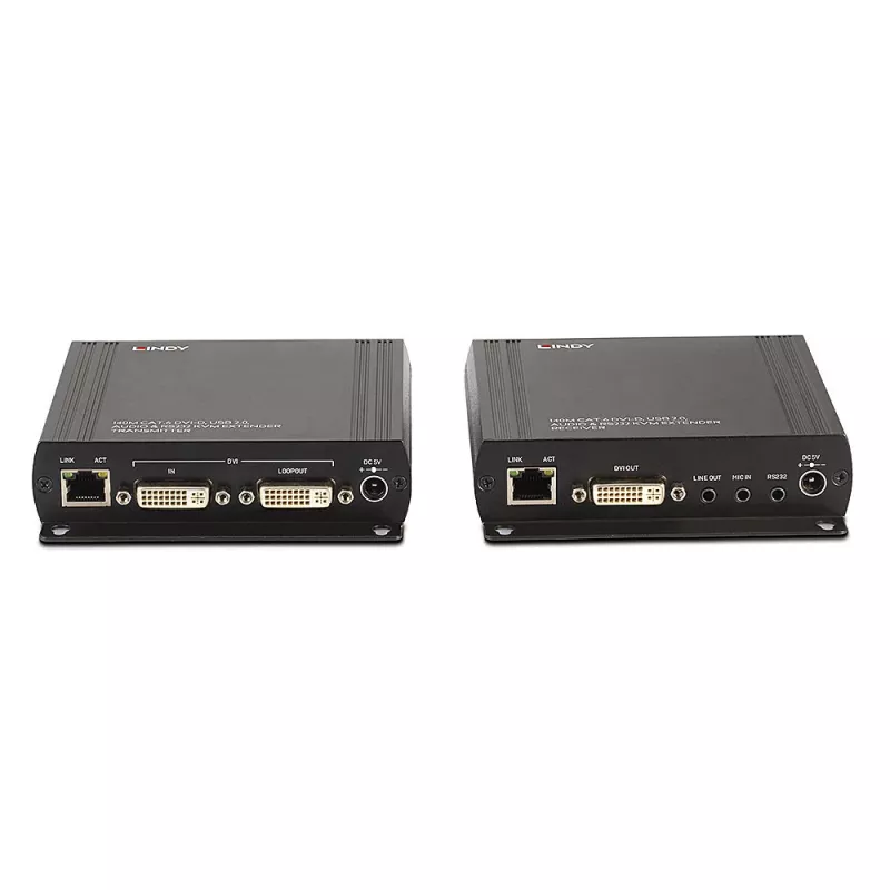 Lindy 140m Cat.6 DVI-D, USB, Audio ja RS-232 KVM-pikendaja, Saatja ja vastuvõtja, Juhtmega, 140 m, Cat6, 60 Hz, Must